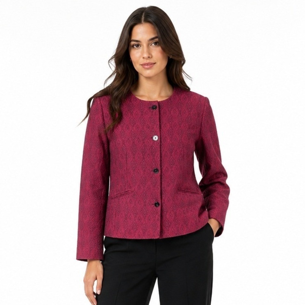 Nicola Blazer Women 16 Burgundy Jacquard Collarless Italy Career Professional